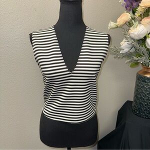 ZARA Black White Stripe Sleeveless V Neck Top Minimalist Classic Medium